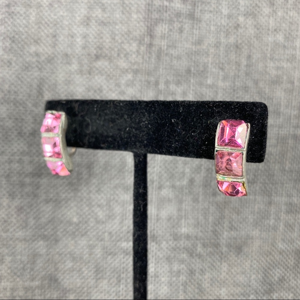 Vintage 3 Pink Crystal Squares Screw Back Earrings